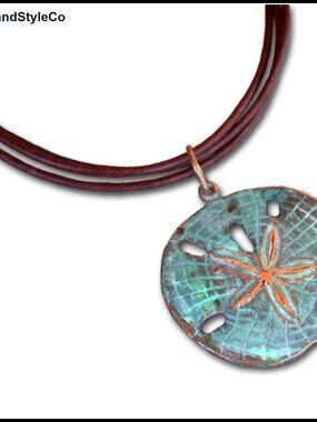 Handmade Verdigris Patina Brass Sand Dollar Pendant on Leather Necklace
